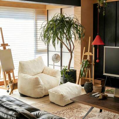 Boneless Memory Foam Bean Bag Chair With Backrest & Footstool, Microfiber Filled Sofa-Style Seat, Space-Saving Lounger For Living Room Bedroom, Reading Entertainment Relaxation