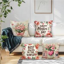 4pcs Mother's Day Pink Rose Cluster & Butterfly Pattern Single-Sided Print Throw Pillow Covers, Decorative Pillow Covers For Living Room Sofa Bedroom, Pillow Inserts Not Included - Multicolor - View 10
