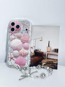 1个粉色贝壳印花海洋元素加厚高透明防摔手机壳，搭配金属蝴蝶结珍珠挂绳，适合自用或送礼，兼容苹果 11/12/13/14/15 Pro Max，三星Galaxy A04/A05/A13/A14/A15/A24/A25/A35/A54/A55/S23/S24 - 彩色 - 查看 4