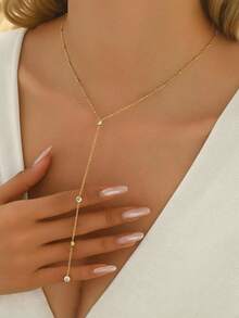 1pc Fashionable Rhinestone Pendant Y-Shaped Necklace, Stainless Steel Minimalist Design Versatile Delicate Jewelry For Girls Daily Party Wear Or Gift Giving - Gold - View 3