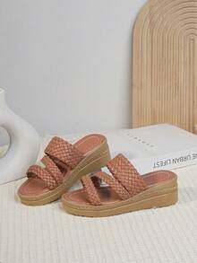 1 đôi sandal đế xuồng dệt kim hở mũi thời trang mùa hè tối giản dành cho bé gái, đế dày, kiểu dáng đi biển. - màu nâu - Xem 3