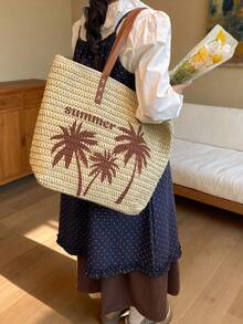 Summer Straw Tote Bag, Coconut Tree Pattern Women's Shoulder Handbag, Zipper Closure, Suitable For Beach & Holiday - Beige - View 4