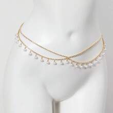 1pc French Style Faux Pearl Elegant Tassel Pendant Waist Chain For Women - Double-layer-gold - View 1