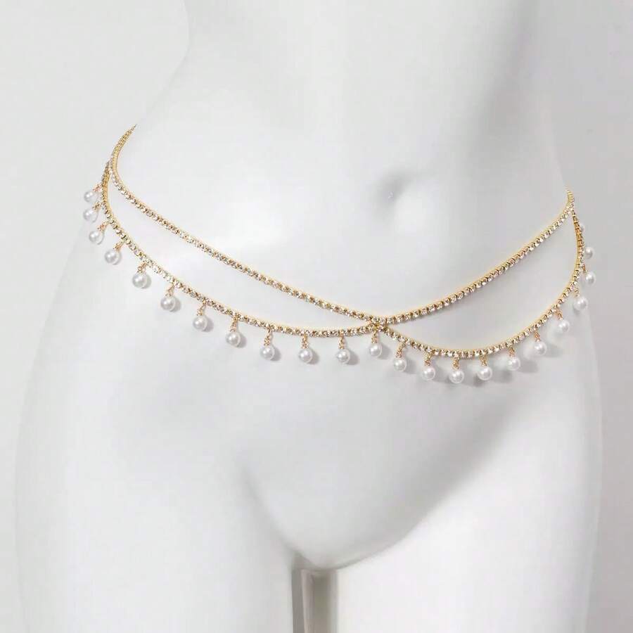 1pc French Style Faux Pearl Elegant Tassel Pendant Waist Chain For Women - Double-layer-gold - View 1
