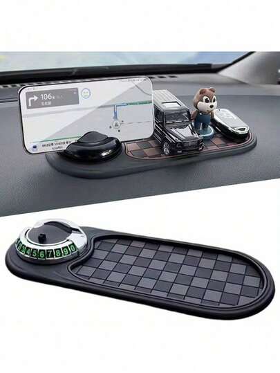 360° Rotating Military-Grade Car Anti-Slip Mat - Universal Phone Holder, Hidden Parking Permit Holder, Heat-Resistant Dashboard Storage Tray, Can Hold Keys/Phone/Navigation, Silicone Non-Slip Mat, Strong Adhesion, No Residue, Car Interior Accessory (Black)