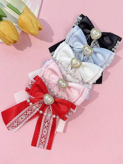 1pc Pearl Chain Heart Bow Hair Clip, Sweet Hair Accessory For Women
