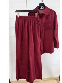 Linen Shirt And Pants Set (2 Pieces), Lined With Elastic. - 酒紅 - 查看 5