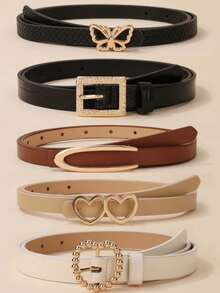 5pcs Black Leather Belt With Butterfly And Heart Shaped White Leather Belt, Metal Buckle High-End Design, Versatile Casual Belt - Multicolor-3 - View 1