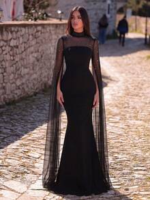 Faeriesty 优雅高领亮片晚礼服：长袖透视披肩连衣裙，全身刺绣串珠细节，美人鱼廓形，拖尾飘逸——是婚礼摄影、教堂仪式、正式晚宴、红毯派对的理想之选，春季黑色 - 黑色 - 查看 3