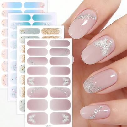 64pcs Shiny Nail Stickers Set, Autumn/Winter Blue Butterfly Ombre Nail Art Stickers, Easy To Use, Salon Quality, Women Home DIY Nail Decals, Gift For Girls Nails Nail Supplies