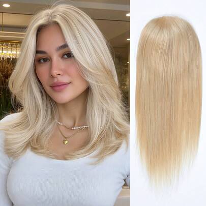 5"X5" Single Layer Mesh Top Hand-Woven Blonde Hair Topper, Suitable For Thinning Hair, 14" Length, With Gray Roots