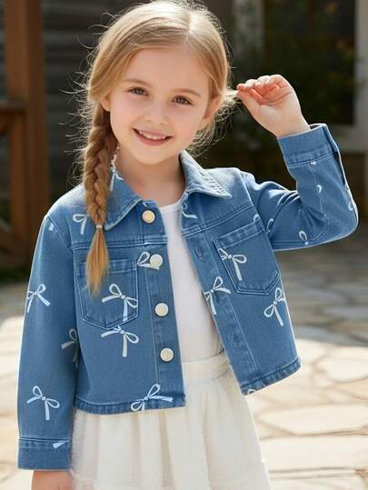 1pc Girls' Outdoor Casual Party Gift Denim Print Washed Fitted Regular Length Long Sleeve Jacket, Suitable For Spring And Autumn
