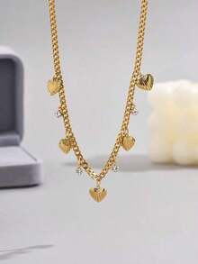 1pc Chunky Chain Heart Pendant Stainless Steel Necklace, Suitable For Women's Daily Wear And As Gift Valentines - 黃金 - 查看 2