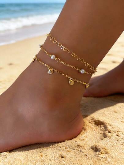 3件套优雅仿珍珠贝壳装饰心形链条脚链，多层设计，适合女性海滩度假、派对佩戴