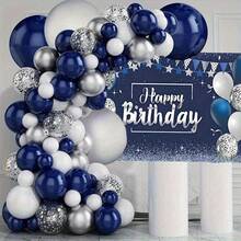 102件套蓝银色气球拱门花环套装，包含5/10英寸海军蓝、银色、白色乳胶气球和五彩纸屑气球，适用于生日派对、迎婴派对、毕业典礼、毕业舞会、成人礼、婚礼、周年庆典、退休派对、单身派对、独立日等场合。 - 查看 1