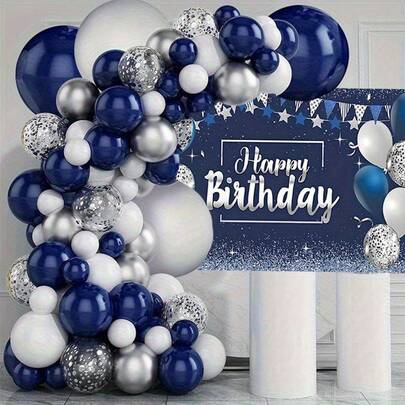 102件套蓝银色气球拱门花环套装，包含5/10英寸海军蓝、银色、白色乳胶气球和五彩纸屑气球，适用于生日派对、迎婴派对、毕业典礼、毕业舞会、成人礼、婚礼、周年庆典、退休派对、单身派对、独立日等场合。