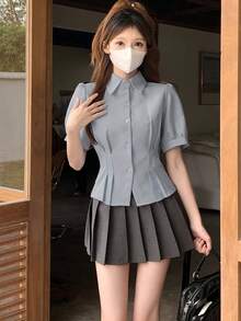 Áo kiểu nữ mùa hè tay phồng, phong cách Hàn Quốc, thắt eo, tôn dáng, đa năng cho công sở và hẹn hò. - Màu xanh bụi bặm - Xem 5