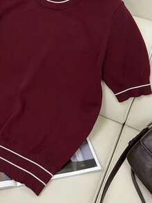 New Knitted Versatile Colorblock Round Neck Short Sleeve Casual Slim Loose Cropped Top Spring - Red Violet - View 3