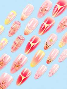 24片短款杏仁形亚克力美甲贴片，粉色和黄色渐变法式压纹，3D立体贝壳设计，含1片果冻胶和1个指甲锉，适合派对、活动和日常佩戴。适合女性和女孩。包含美甲工具。可塑形美甲套装 - 彩色 - 查看 3