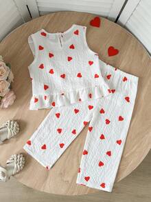 A Children's Clothing Set With A White Base And Red Heart-Shaped Print, Featuring Ruffled Details. - Multicolor - View 5