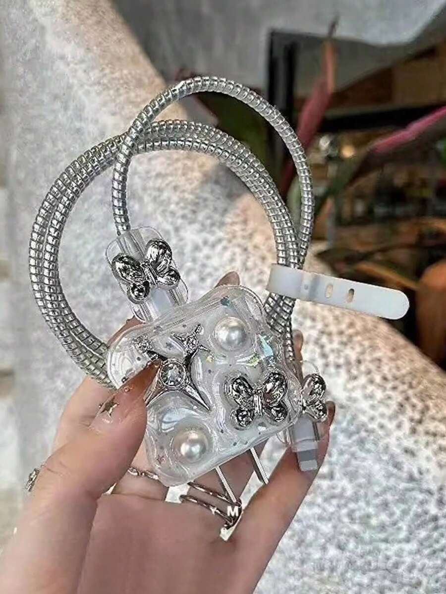 5pcs/Set Silver 3D Butterfly Charger Cable Protector Cover, Compatible With Apple 20W, Apple 14/15 Charger, 13 Pro Max - Multicolor - View 1