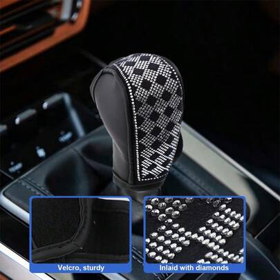 1个汽车换挡杆球头套，菱形镶嵌图案，闪亮时尚设计，新款汽车换挡杆保护套，防滑耐用PU皮革换挡杆装饰套，通用汽车内饰配件