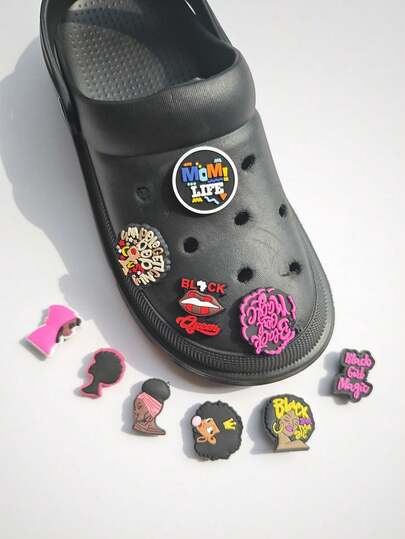 10pcs Black Portrait Series DIY Fashion Sandal Accessories, Detachable Hole Shoes Decor, Beach Bag, Puff Sandal Accessories, Suitable As Birthday Gift And Party Favor