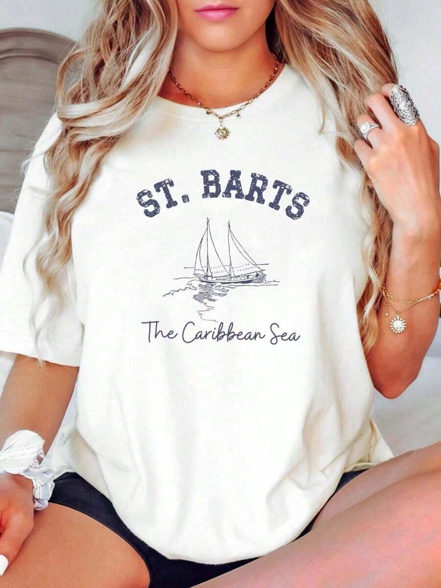 Graphic Cotton-Shirt Cotton St Barts Caribbean Sea Sailboat Shirt Barths French West Indies Vacation Barthélemy Stretched Print Round Neck Short Sleeve Stylish Versatile Breathable Designer Clothes Homme Slightly Comfortable Women Unisex Graphic Top Everyday Wear Fashion Summer Casual Soft Streetwear Y2K,Oversize Plus Size Men's S To5XL,Summer Tee - 黑色 - 查看 1