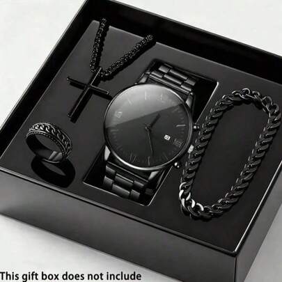 Bộ 4 món đồng hồ nam thạch anh tối giản thời trang, có chức năng lịch, vỏ và dây đeo bằng hợp kim kẽm đen, mặt tròn, máy điện tử và hiển thị kim chỉ giờ, kiểu dáng giản dị, bao gồm mặt dây chuyền, vòng tay và nhẫn. Món quà sinh nhật lý tưởng, phù hợp để đeo hàng ngày, quà sinh nhật, hoàn hảo cho bản thân hoặc bạn bè. Không bao gồm hộp đựng.