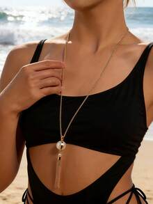 1pc Women's Long Necklace, French Luxury Elegant Chain Tassel Faux Pearl Pendant Necklace, Minimalist Long Delicate Chain, Versatile Slimming Daily Wear, Suitable For Spring/Summer, Commute, Date, Valentine's Day Gift For Girlfriend - Golden Yellow + White - View 5
