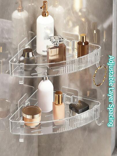 1/2Pcs No Drill Corner Bathroom Shelf, Clear Plastic Shower Organizer With Hooks, Adhesive Wall Mounted Storage Rack For Shampoo, Conditioner, Soap, Makeup, Toiletries, Waterproof & Rustproof, Perfect For Bathroom, Kitchen, Dorm, Small Space