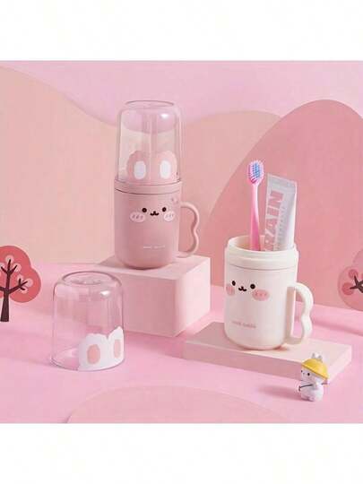 1 Set Cute Rabbit Pattern Travel Toothbrush Case And Rinse Cup - Portable, Plastic Toothpaste Cup, Cute Rabbit Pattern, Bathroom Rinse Cup, Space-Saving Hygiene Solution, Suitable For Business Travel And Vacation (Toothbrush And Toothpaste Not Included)