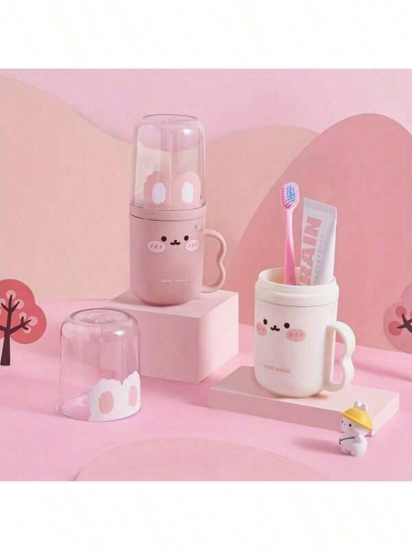 1 Set Cute Rabbit Pattern Travel Toothbrush Case And Rinse Cup - Portable, Plastic Toothpaste Cup, Cute Rabbit Pattern, Bathroom Rinse Cup, Space-Saving Hygiene Solution, Suitable For Business Travel And Vacation (Toothbrush And Toothpaste Not Included)