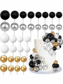 32个彩色球形蛋糕装饰，粉色、米色、蓝色、黑色、金色系列泡沫球，烘焙蛋糕DIY配件，适用于生日蛋糕、洗礼、性别揭晓派对、婚礼、退休派对、主题派对、男女主题蛋糕、母亲节蛋糕（请在安装白色管子后使用。球面不应接触蛋糕。） - 彩色 - 查看 4