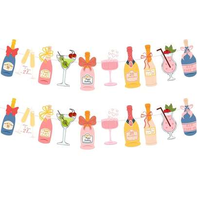 Champagne Bottle, Other Beverage Bottles And Glassware Decorative Banner, 21st Birthday Party Decor For Women, 21st Birthday Party Decorations For Her, Daisy Flower Wreath Birthday Party Scene Decor Flag, Birthday Party Decorations