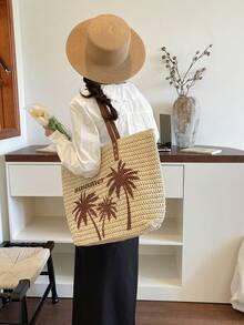 SIMUTINE 女士度假风草编手提包，夏季新款大容量单肩包，艺术编织沙滩旅行包，草编材质，适合日常使用、购物、通勤、大学等场合。 - 米色 - 查看 3