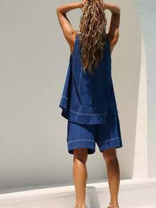 Women Plaid Outfit, Long Sleeve Tie-Up Crew Neck T-Shirt With Elastic Waist Shorts Summer Outfit - 藏蓝色 - 查看 4