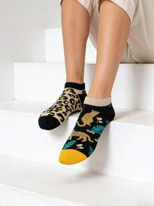 1双男女通用豹纹短袜，时尚休闲百搭，适合春夏穿着 - 黑色 - 查看 3