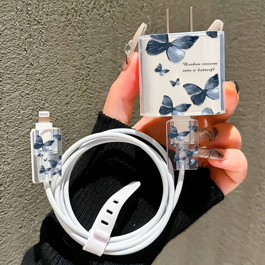 四合一充电器保护套装：包含充电器适配器保护套、线缆保护套和带有蓝色蝴蝶图案及标语设计的硅胶整理带，全面保护充电器免受跌落和刮擦，兼容苹果20W充电器 - 彩色 - 查看 1