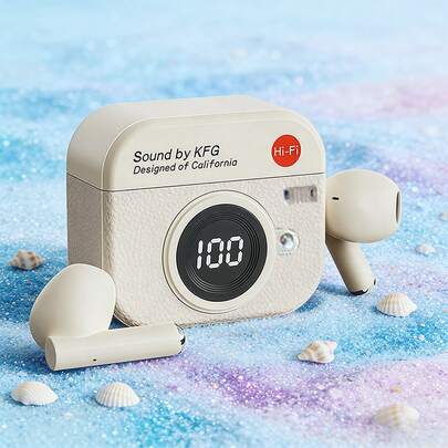 Air TWS 半入耳式蓝牙耳机，相机造型翻盖设计，TWS 环绕立体声，便携式无线耳机带麦克风，兼容 17、S25 等机型，配备 180mAh 充电盒，音乐耳机，游戏耳机，礼品耳机