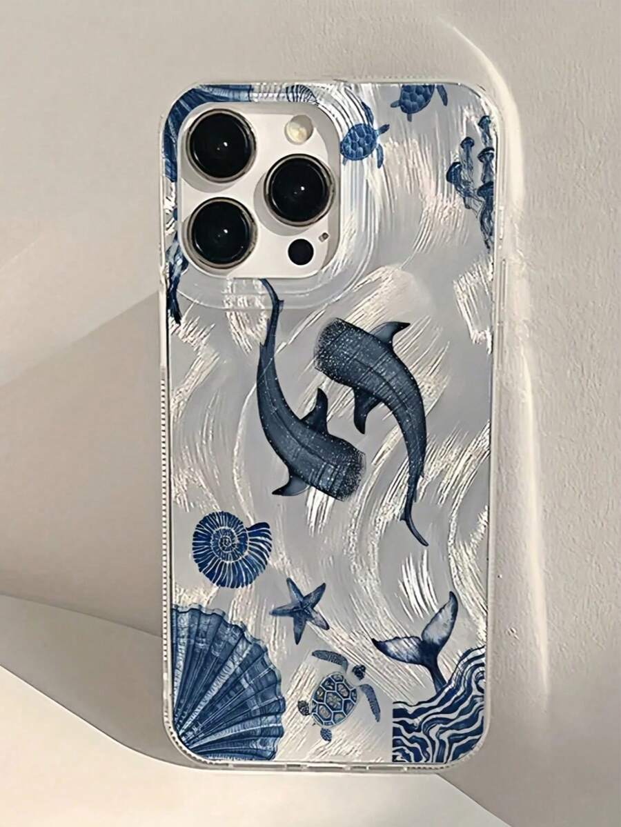 海洋主题单件手机壳,鲸鱼、海星、贝壳等海洋元素图案,优雅羽毛般柔软的IMD材质,全包覆式设计,兼容 16、15、14、13、12、11、17 Pro/Max/Plus/XR/7/8 - 彩色 - 查看 1