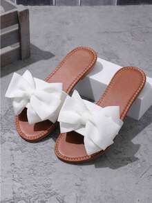 White Bow Open Toe Slides - Cute Summer Sandals For Women Women's Brown & White Bow Sandals - Comfort Flat Open Toe Shoes Cute Bow Decor Slides - Stylish Open Toe Sandals For Daily Wear Summer Bow Open Toe Sandals Flat Slides For Vacation Affordable White Bow Slides - Cute Open Toe Sandals For Women - 白色 - 查看 5