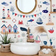 2 piezas Pegatinas de decoración de pared de animales marinos DIY autoadhesivas Escena submarina Pegatina para bañera con tortugas marinas, medusas, arrecifes de coral, estrellas de mar y peces - Decoración del hogar DIY para accesorios de baño, de un solo uso, diseño de patrón colorido - A - Ver 2