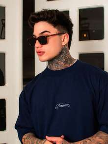 Oversized Streetwear Crew Neck T-Shirt DMUNIZ Cursive Print 100% Premium Cotton New Release - Navy Blue - View 3