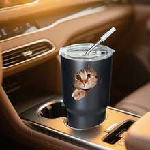 30oz Stainless Steel Tumbler Black White Options,  Cat Face With Paw Emerging From Cup Graphic Cups, Insulated Travel Coffee Mug With Lid And Straw , Double Wall Vacuum Reusable Travel Cups, Funny Birthday Party Gift For Women & Men - 黑色 - 查看 2