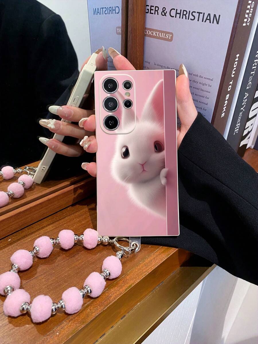 1pc Cute Fluffy White Rabbit Pattern TPU Soft Phone Case With Dusty Pink Tone, And 1pc Fashionable Fuzzy Pom Pom Wrist Strap Lanyard, Suitable For Samsung A14/A54/A56/A31 4G/A23, A98, S24/S25 Ultra, A5 13C/14C, Note 14/15 Pro 4G, K60 Ultra - Multicolor - View 1