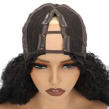 非洲V字分缝蓬松卷发假发，无需胶水，卷曲发尾，合成材质，无需发夹，夹式佩戴 - 黑色 - 查看 4