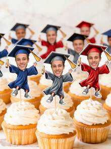 1/10/25/50/100/150 Pcs Customizable Graduation-Themed Cupcake Inserts, Personalized Face Cupcake Toppers, Custom Face Cupcake Decorations, Custom Cupcake Decorations With Different Face Photos, Graduation Cake Decoration Party Hat Cupcake Toppers. - Multicolor - View 8