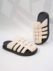 1 Pair Girls' Beige Woven Thick-Soled Non-Slip Slide Sandals For Everyday Casual Use - Beige - View 1