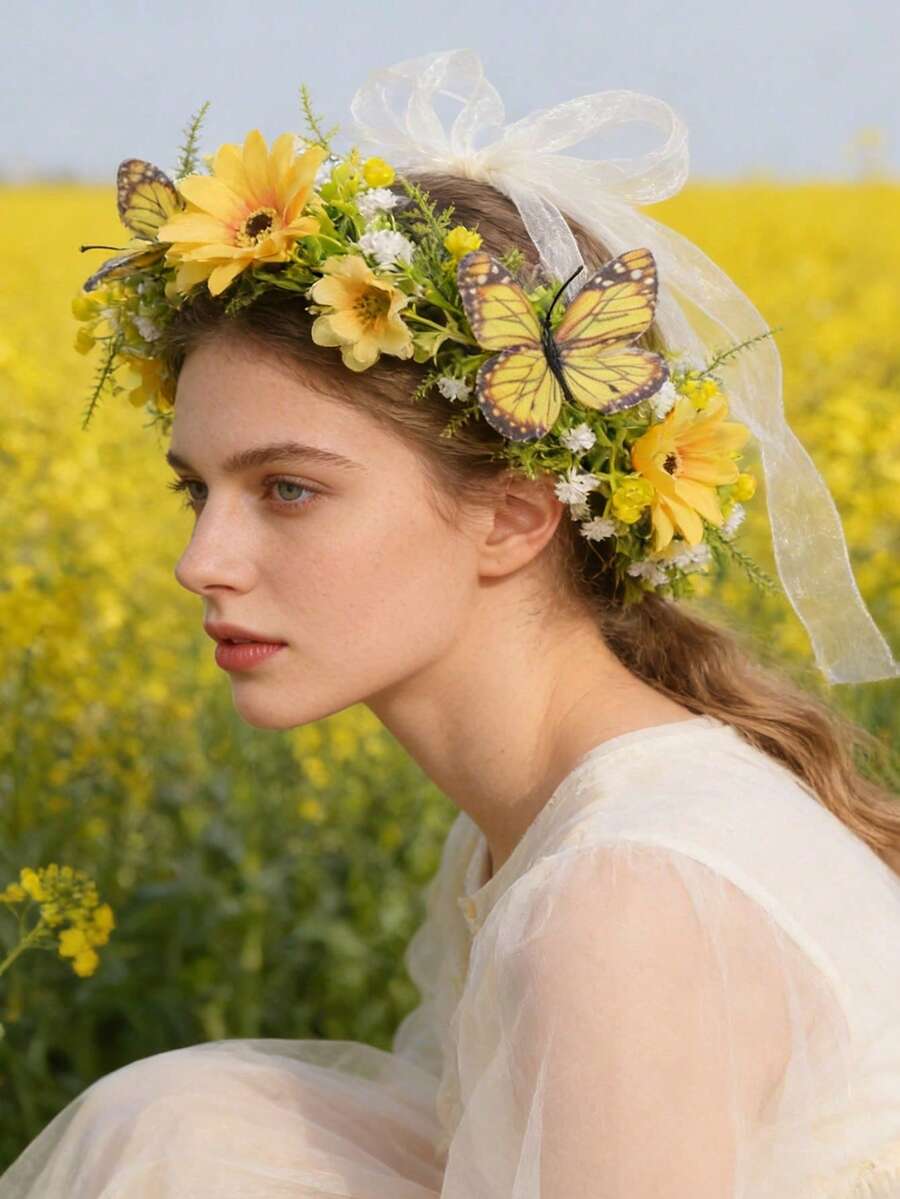 1 pieza Diadema exquisita y realista con flores de colza, corona de flores hecha a mano delicada, adecuada para novia, boda, fotografía, decoración romántica, verano, playa - 58917 - Ver 1